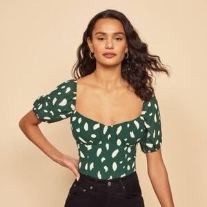 Reformation Berry Milkmaid Puff Sleeve Green Patterned Women's Top